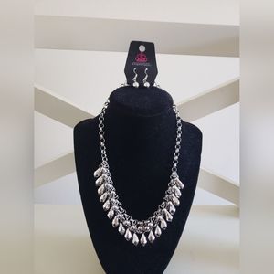 Paparazzi  Silver Beads Cascading From Interlocking Chains Necklace And Earrings